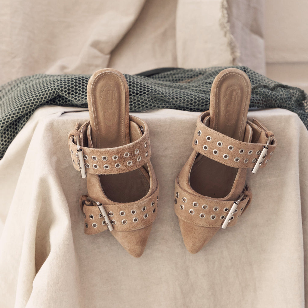 Point-Toe Mules with 2 Buckled Strap Beige