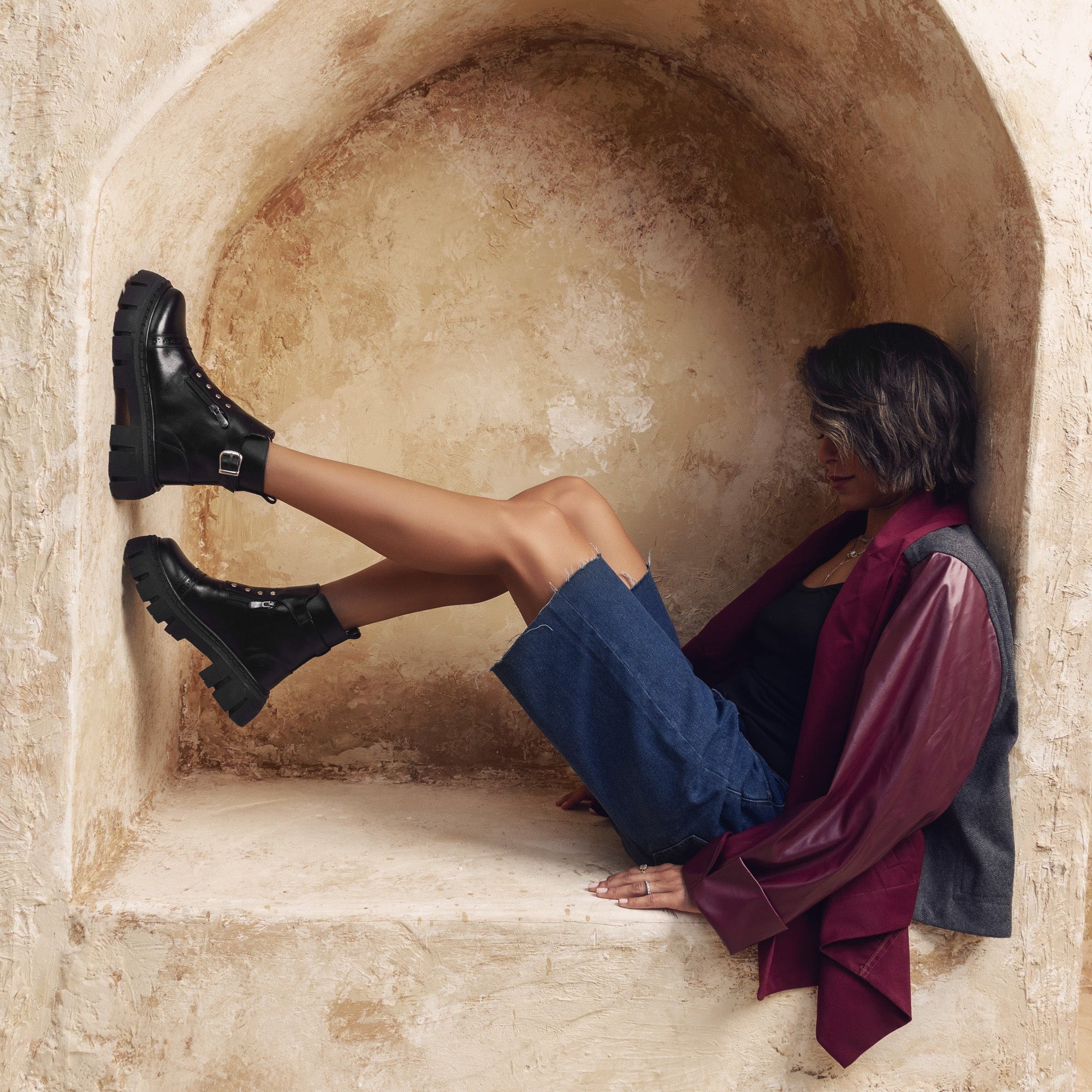 Crimson Edge Black Chunky Boots