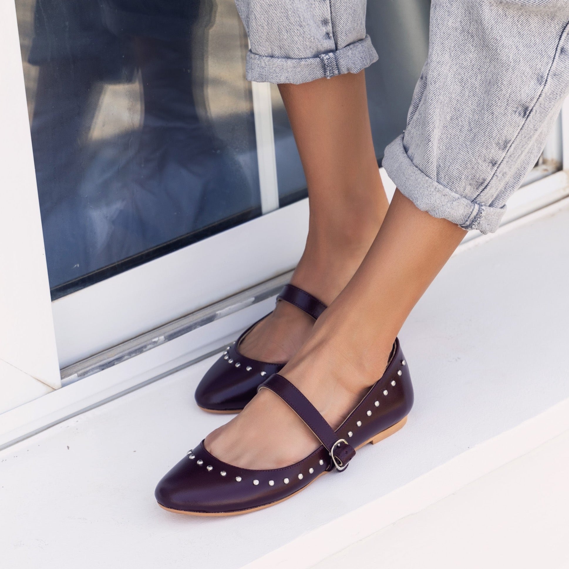 Burgundy Studded Ballerinas