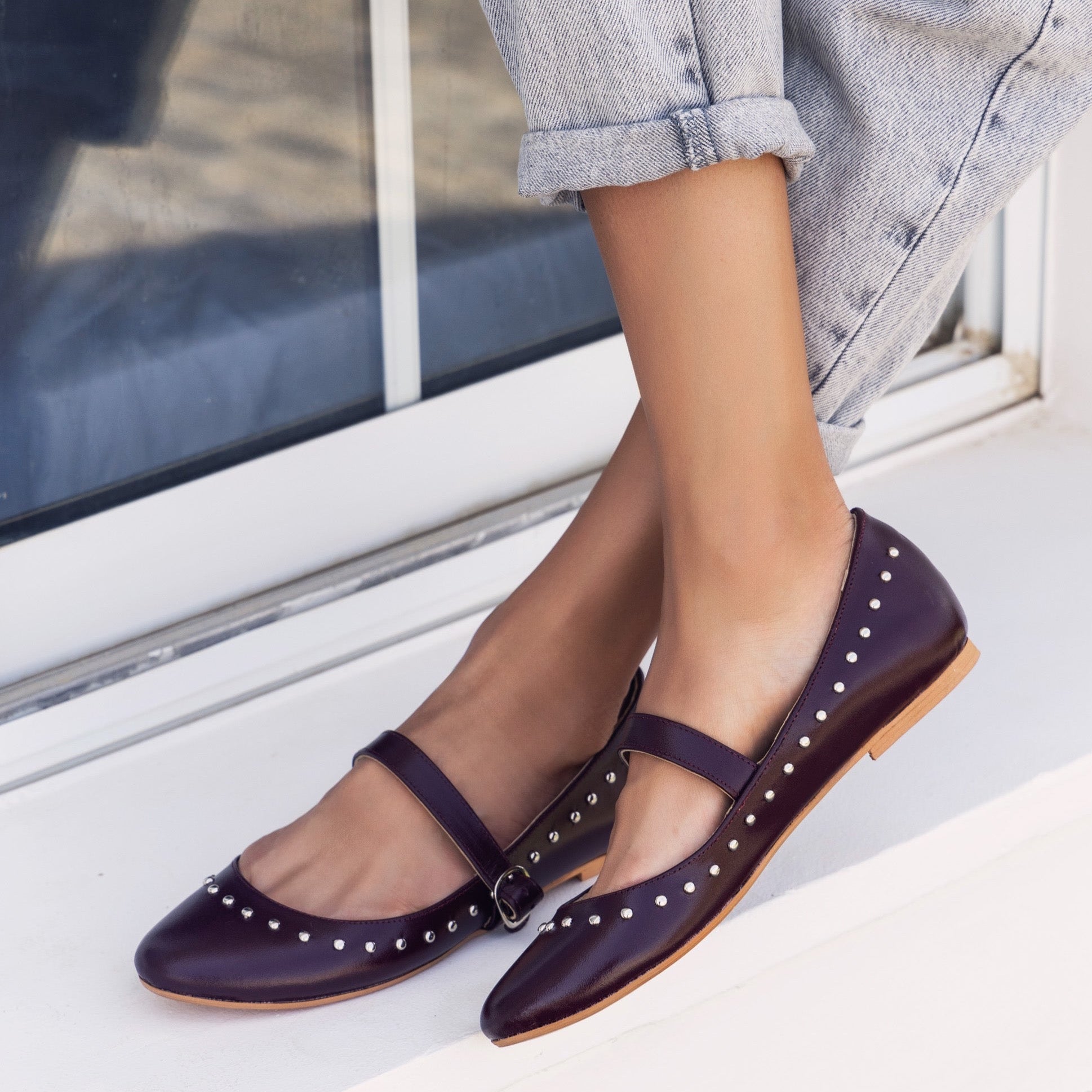 Burgundy Studded Ballerinas