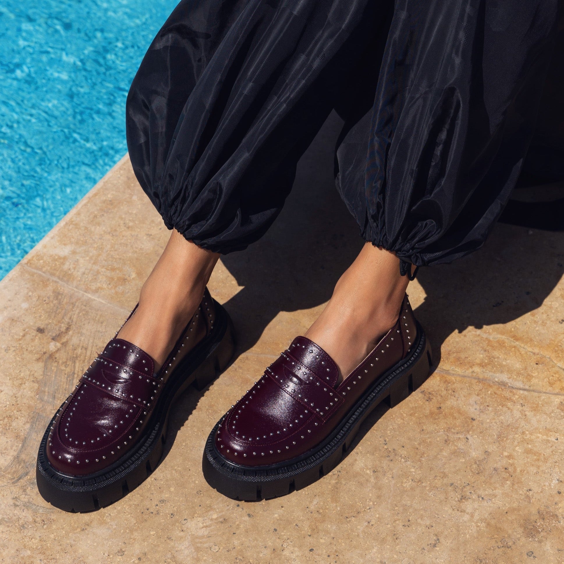 Studded Loafers Burgundy