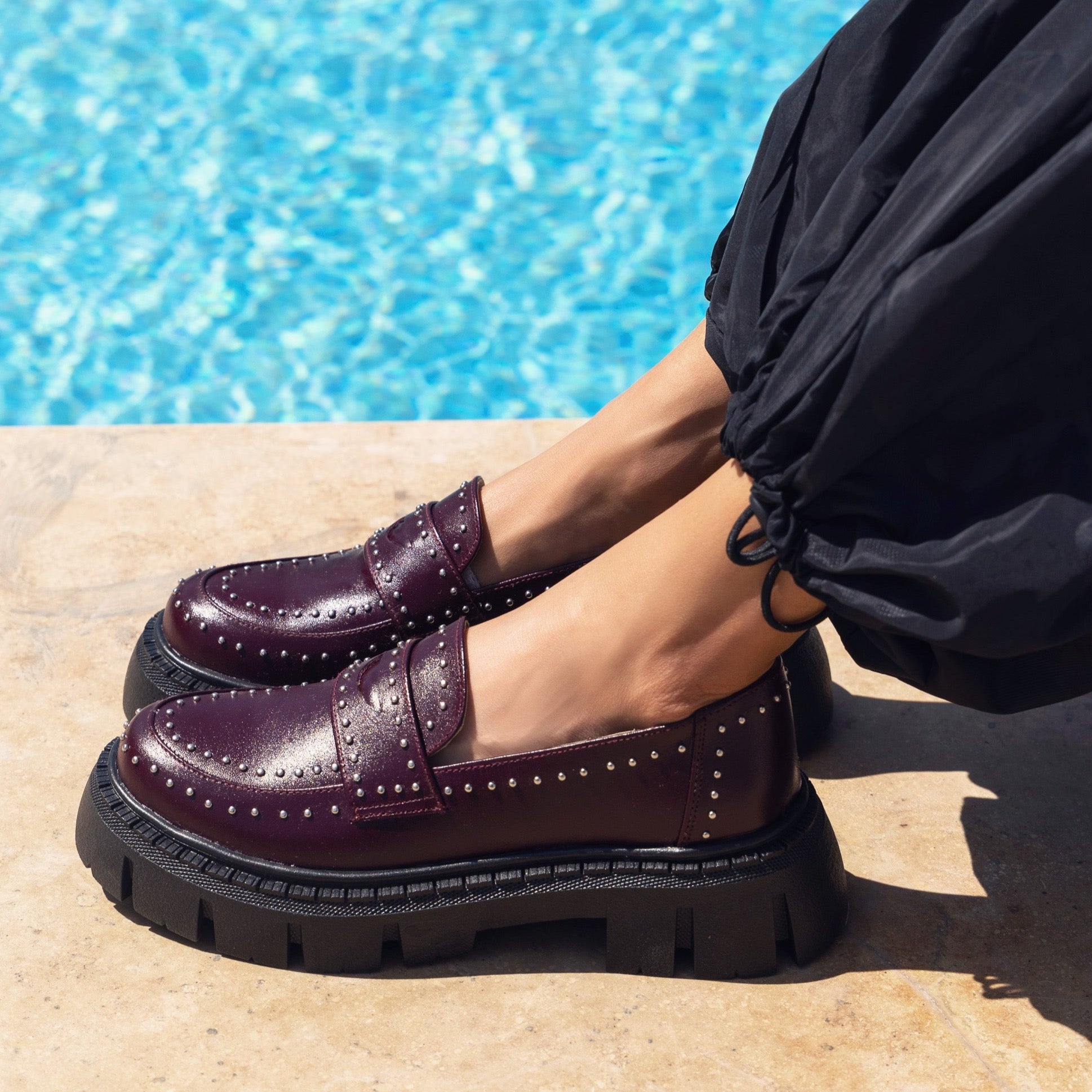 Studded Loafers Burgundy