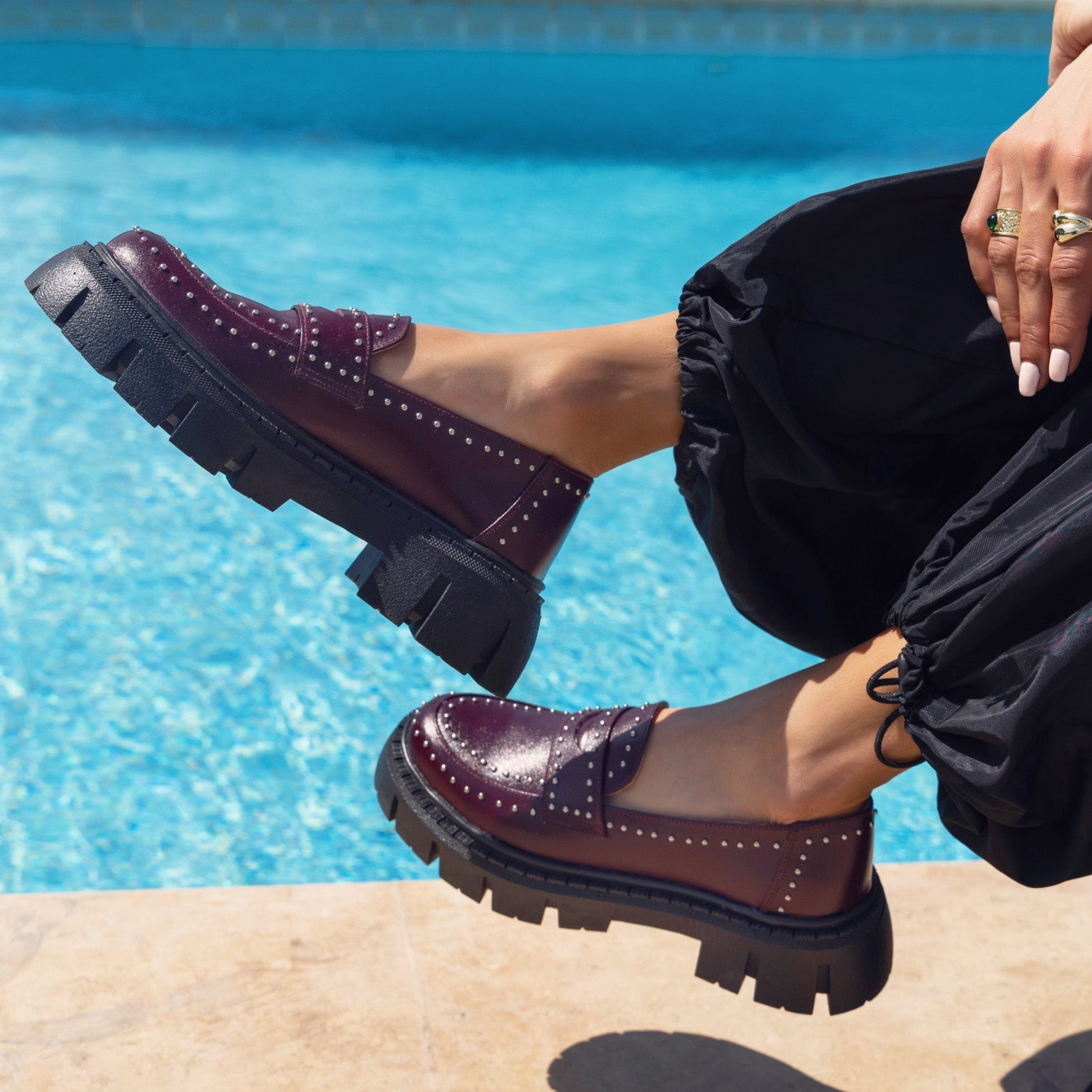 Studded Loafers Burgundy