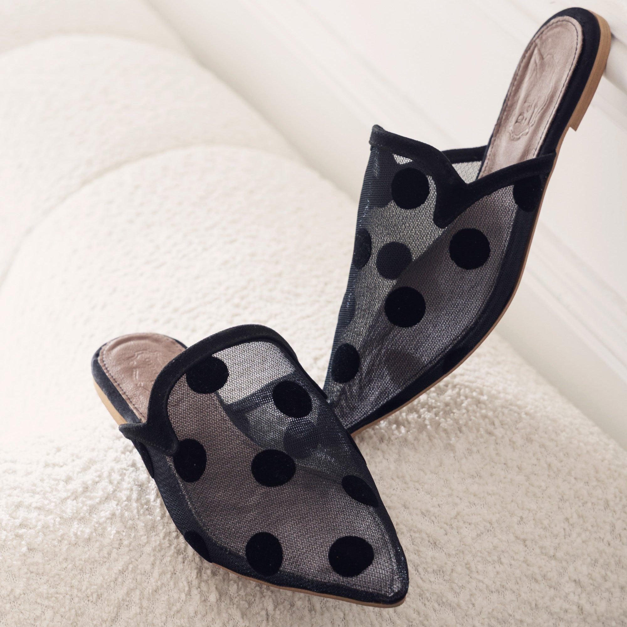 Black Mesh Mules with Bold Polka Dots