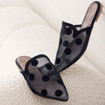 Black Mesh Mules with Bold Polka Dots