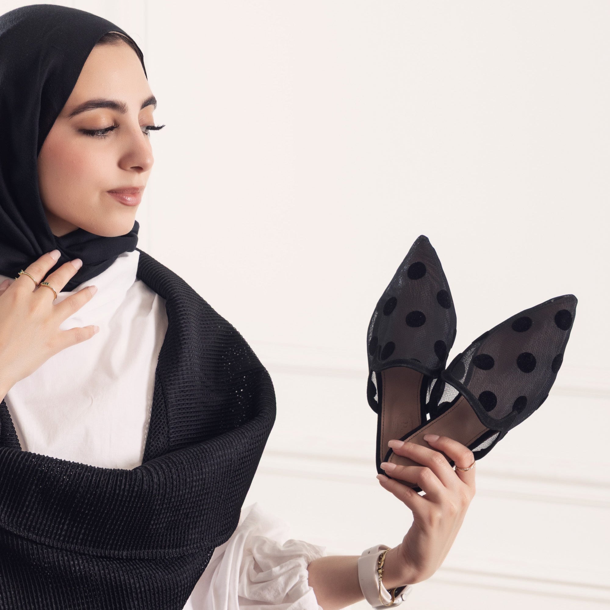 Black Mesh Mules with Bold Polka Dots