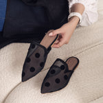 Black Mesh Mules with Bold Polka Dots