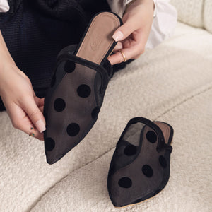 Black Mesh Mules with Bold Polka Dots
