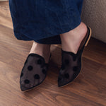 Black Mesh Mules with Bold Polka Dots