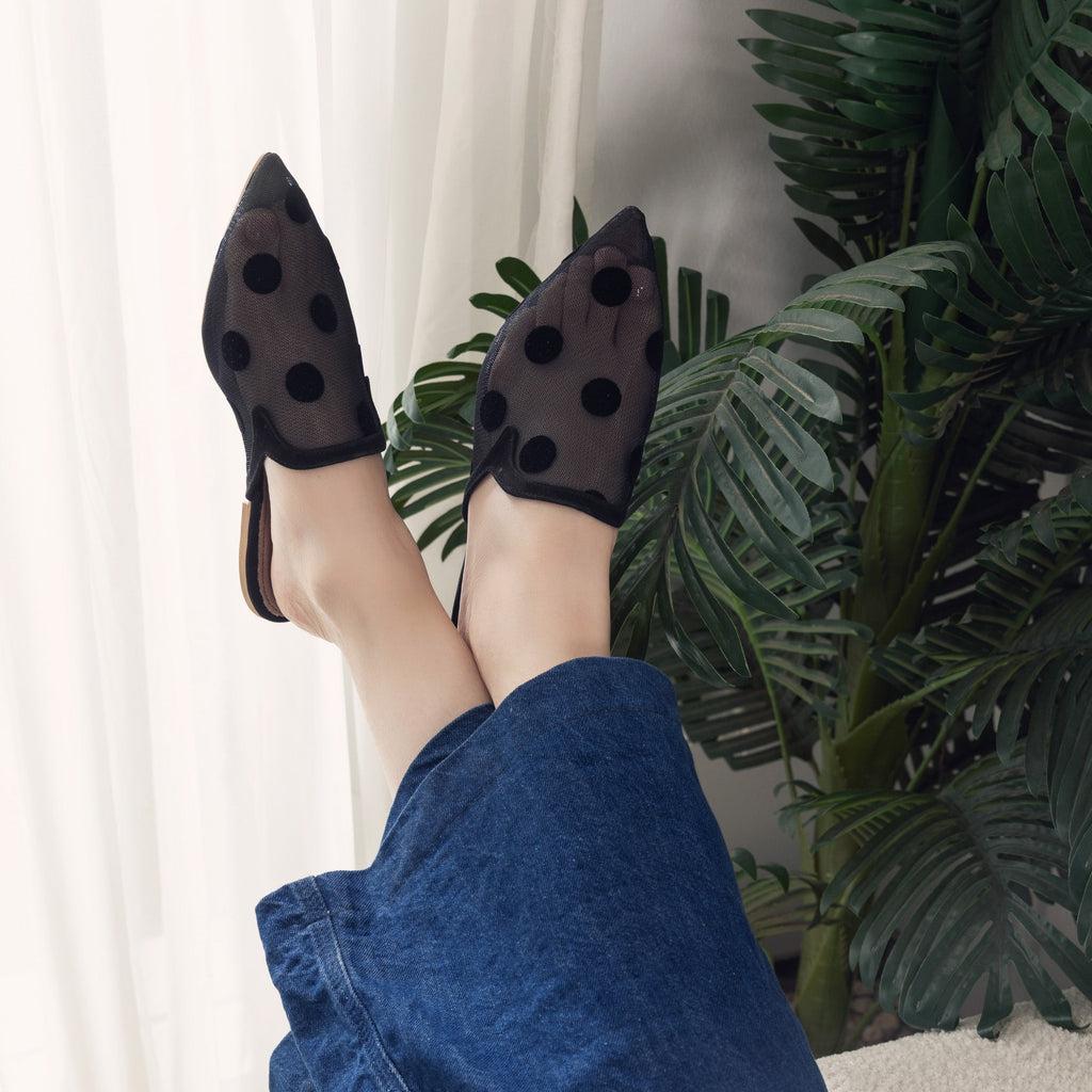 Black Mesh Mules with Bold Polka Dots