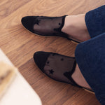 Rounded Mesh Black Mules with Velvet Stars