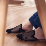 Rounded Mesh Black Mules with Velvet Stars