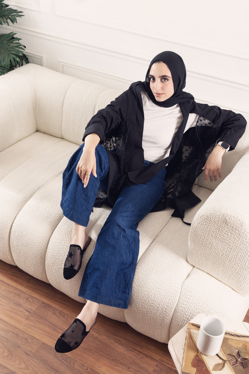 Rounded Mesh Black Mules with Velvet Stars