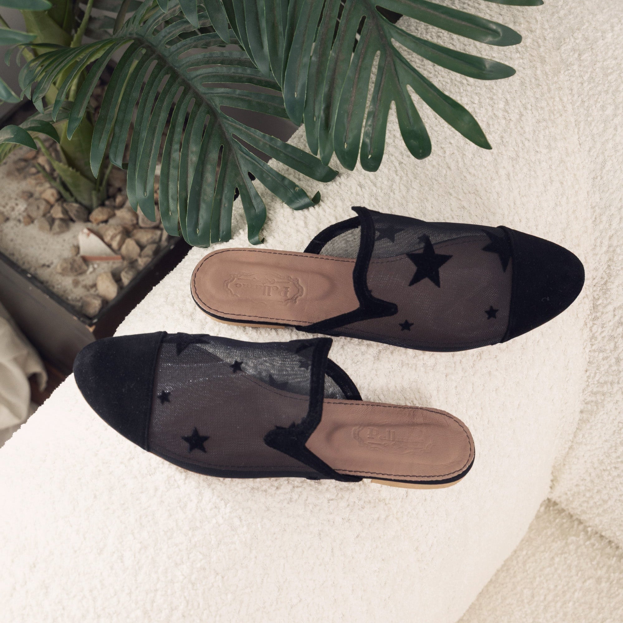 Rounded Mesh Black Mules with Velvet Stars