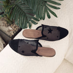 Rounded Mesh Black Mules with Velvet Stars