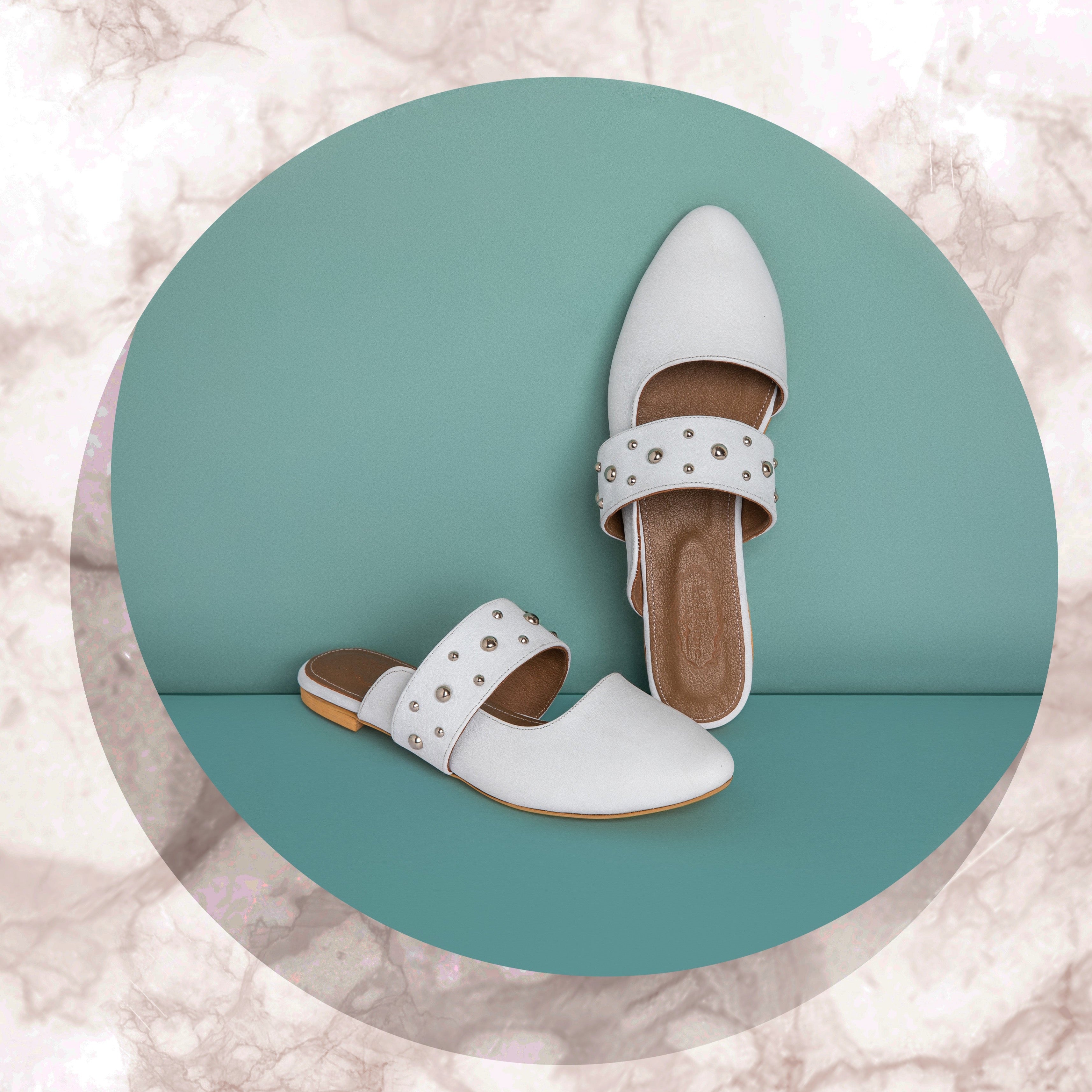 Studded Strap White Mules