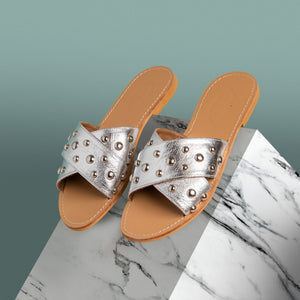 Criss-Cross Studded Slippers Silver