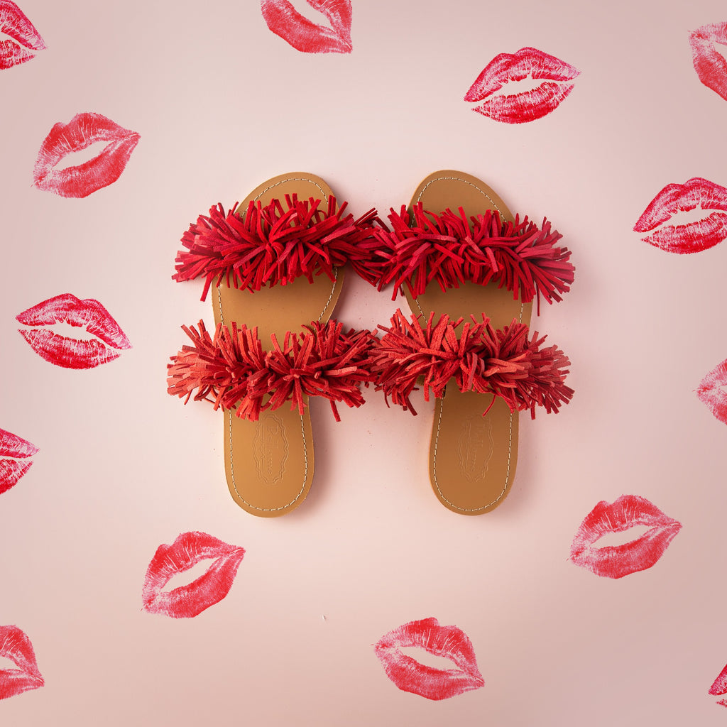Double Strap Slippers Red & Coral