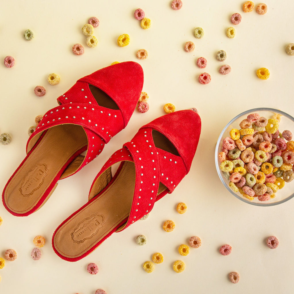 Point-Toe Mules Criss-Cross Red