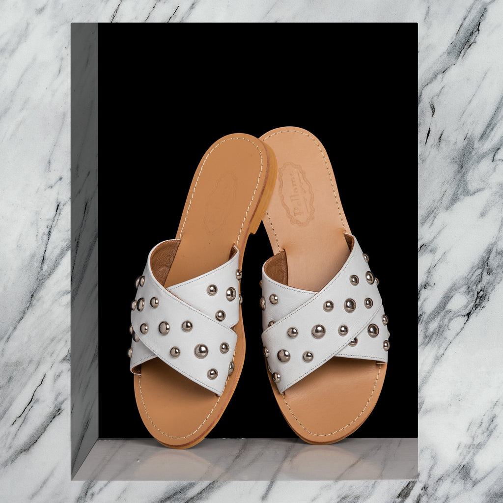 Criss-Cross Studded Slippers White