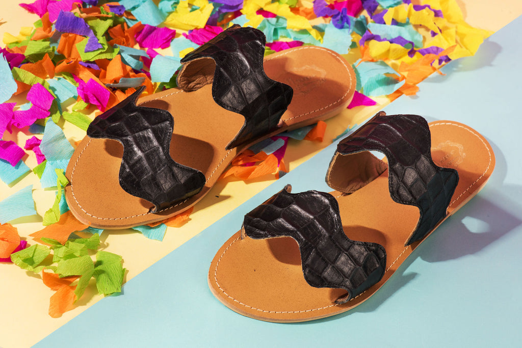 Strappy Croc Print Slippers Black