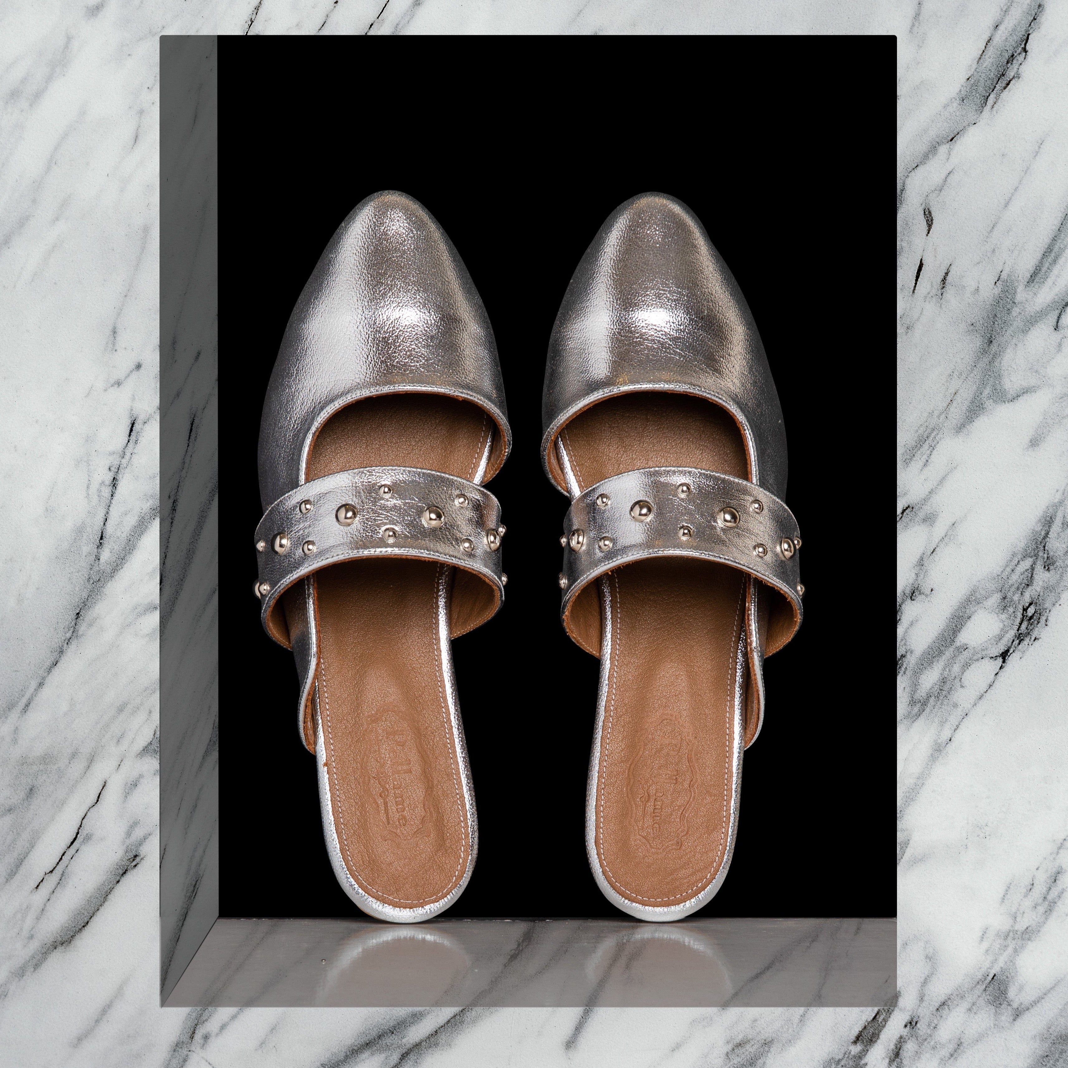 Studded Strap Silver Mules