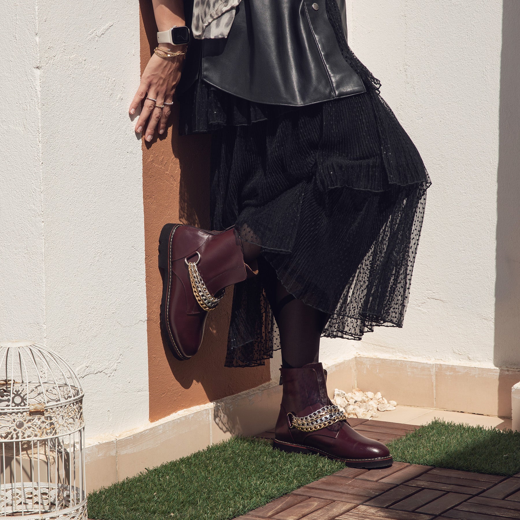 Chains Combat Boots Burgundy
