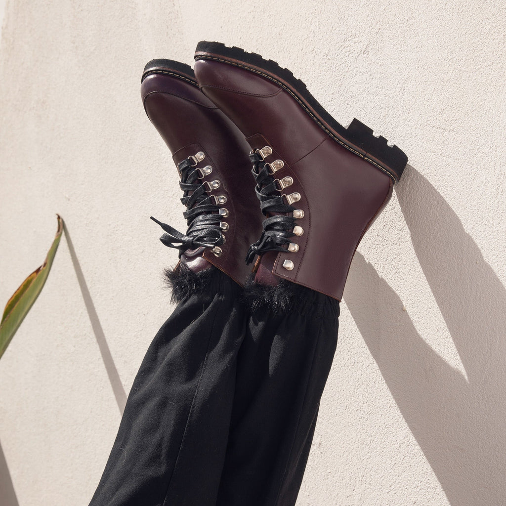 Combat Fur Lace up Boots Burgundy