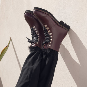 Combat Fur Lace up Boots Burgundy