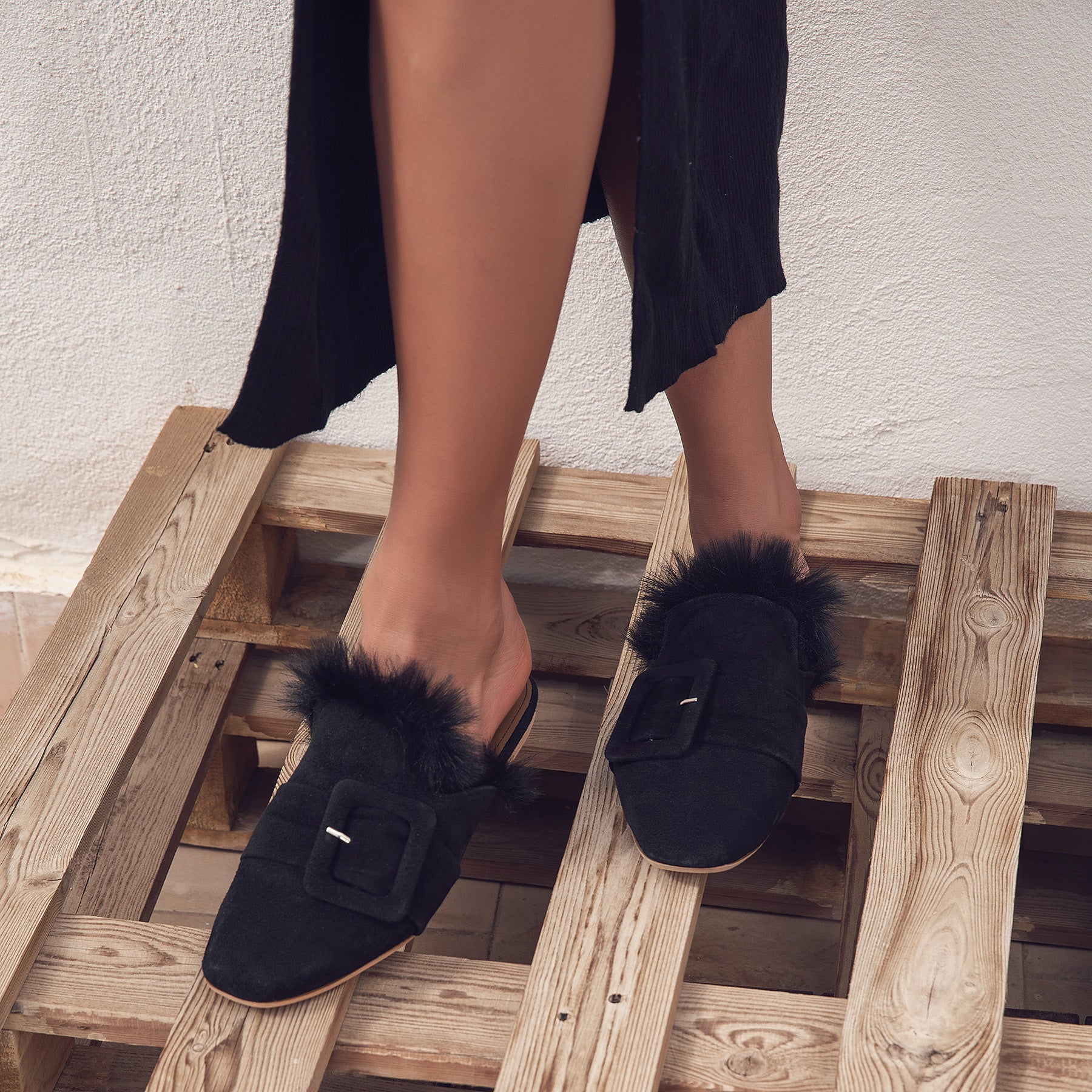 Square Fur Mules Black