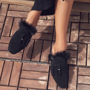 Square Fur Mules Black