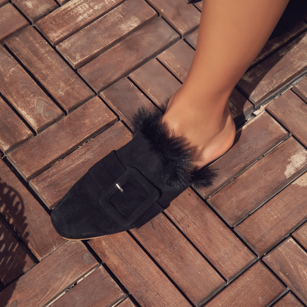 Square Fur Mules Black