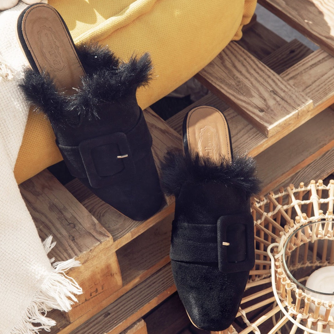 Square Fur Mules Black