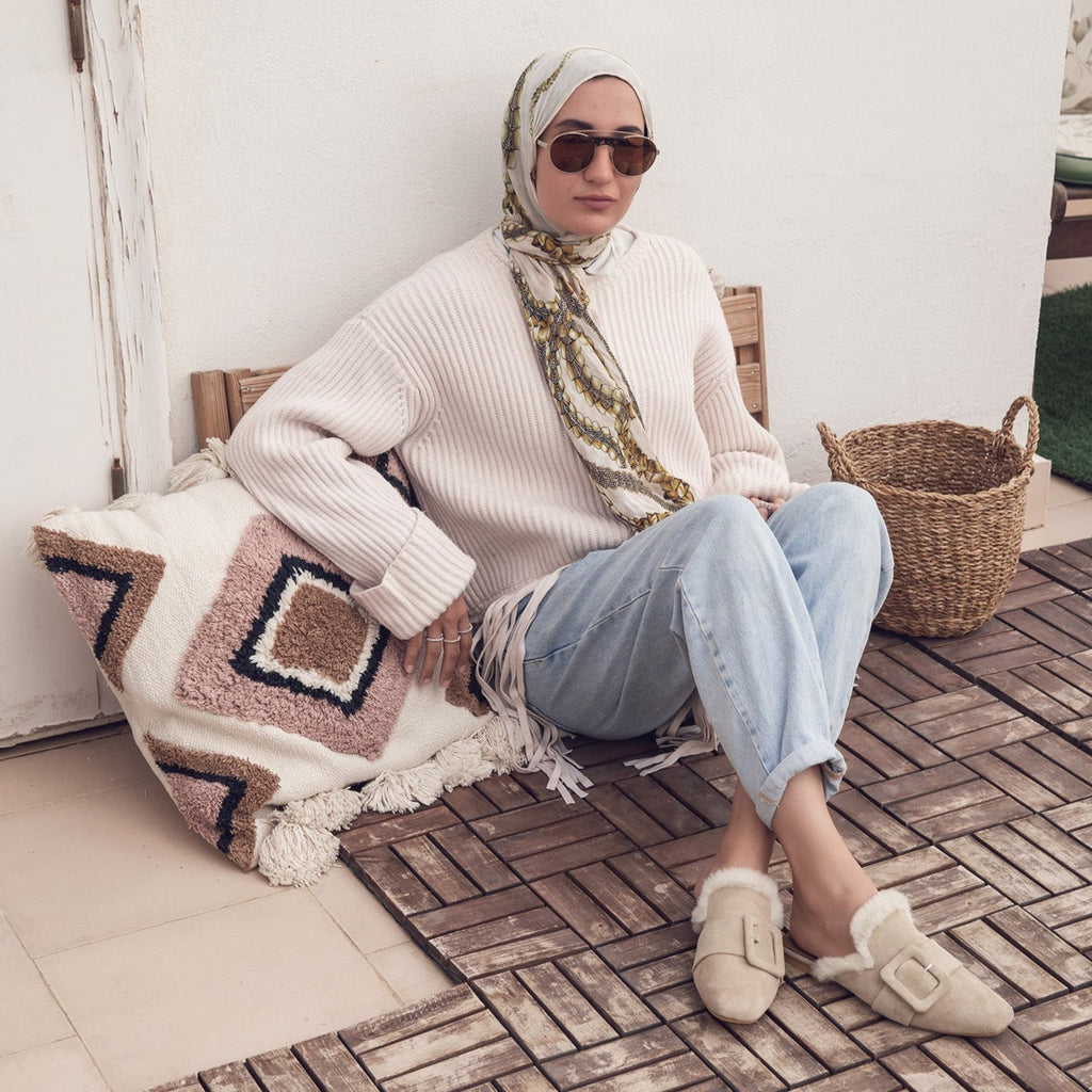 Square Fur Mules Beige