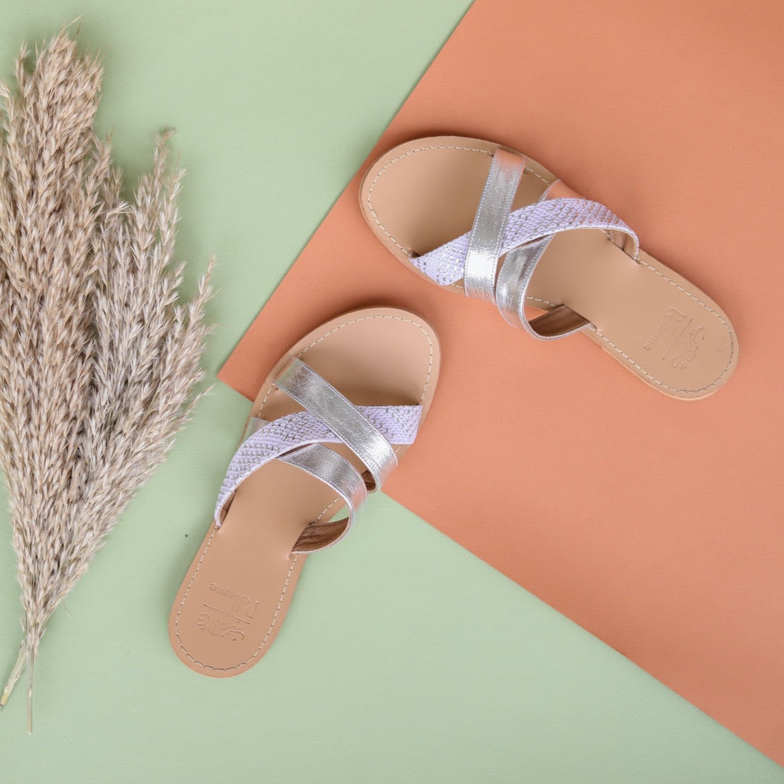 3 Straps White & Silver Slippers