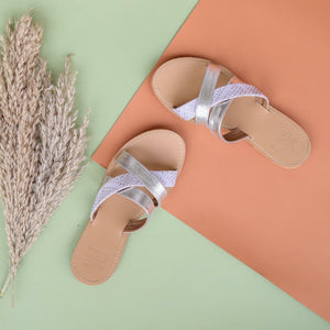 3 Straps White & Silver Slippers
