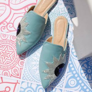 Sunflower Embroidery Mint Mule