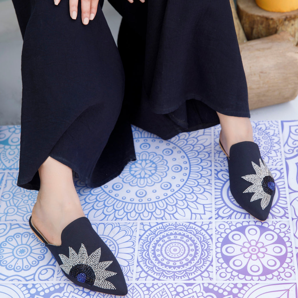 Sunflower Embroidery Black Mule