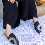Sunflower Embroidery Black Mule