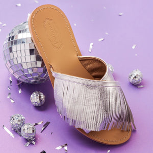 Criss-Cross Slippers With Fringes Silver