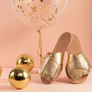 Criss-Cross Slippers With Fringes Gold