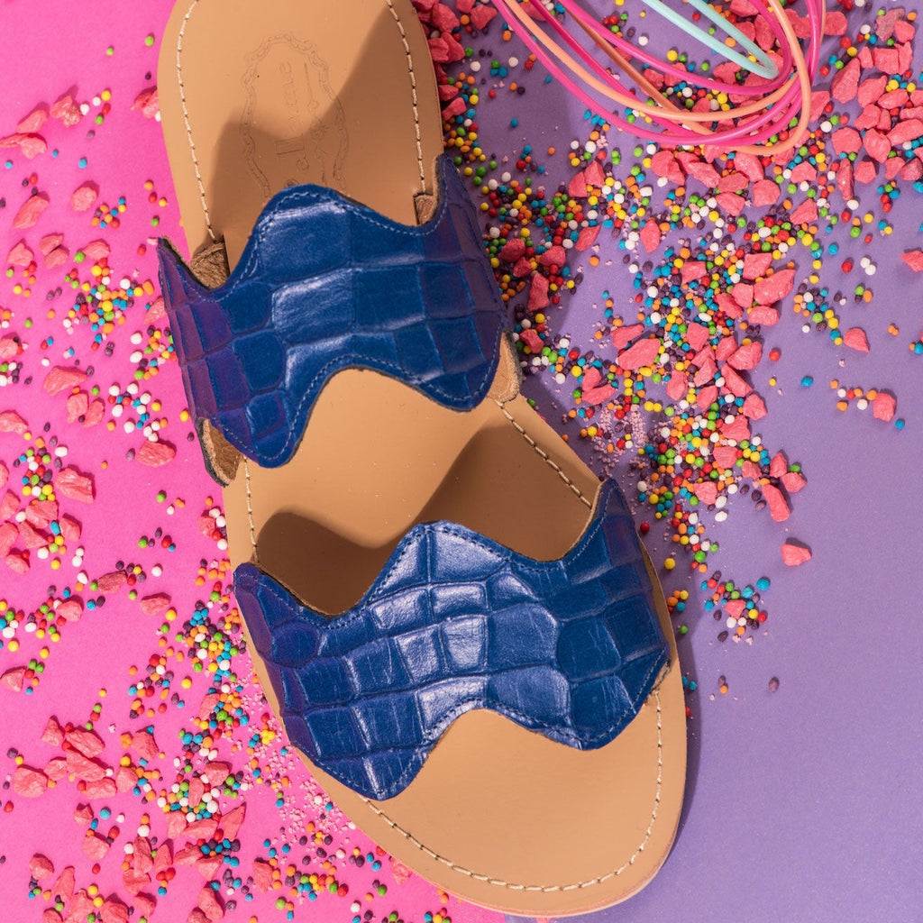 Strappy Croc Print Slippers Blue