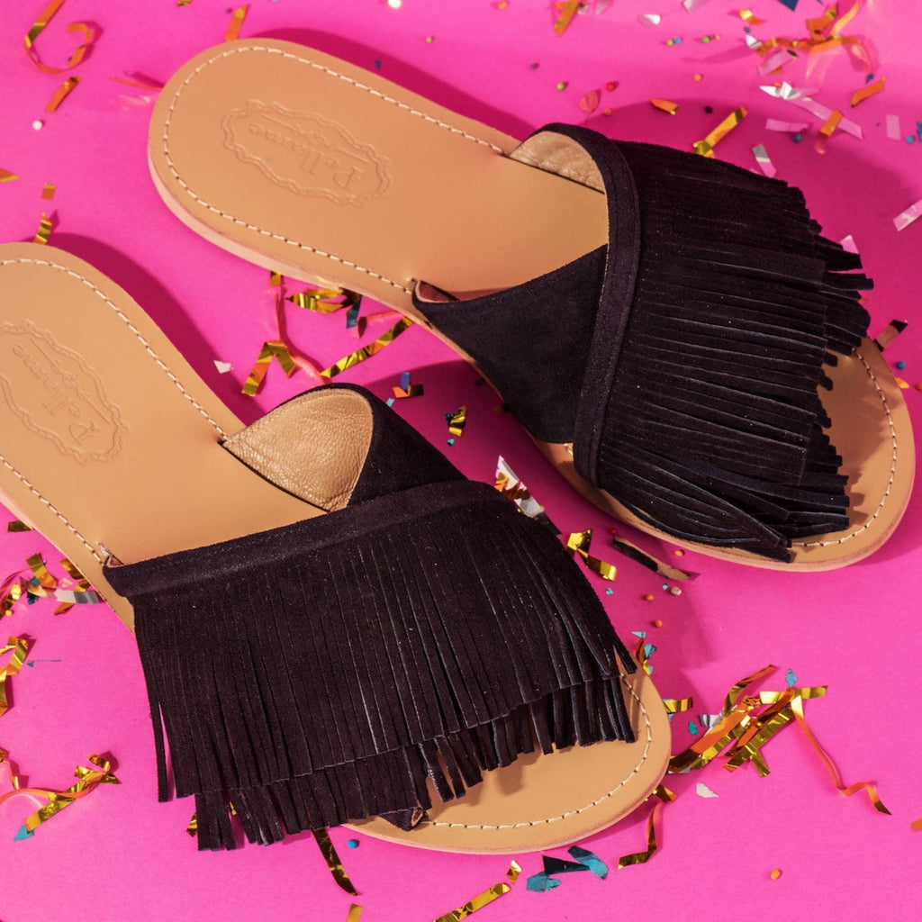 Criss-Cross Slippers With Fringes Black